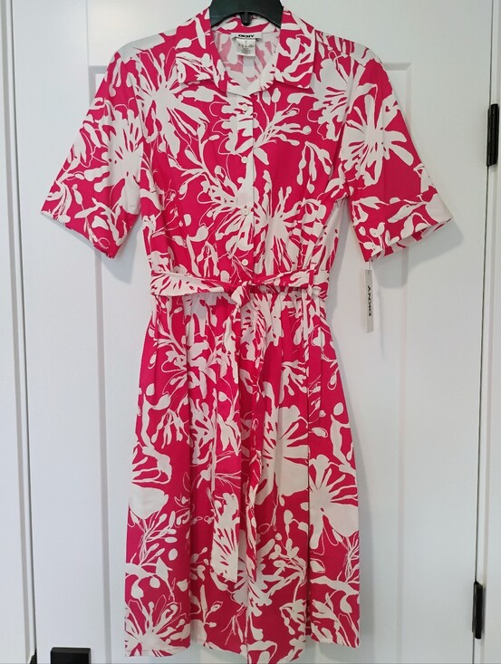 Dkny Dresses & Skirts - NWT 4 DKNY Fuchsia And White Abstract Floral Short Sleeve Midi Shirt Dress NEW
